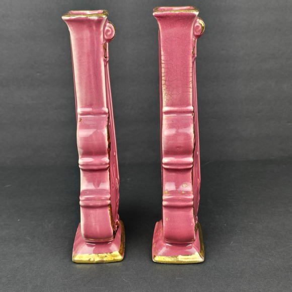 Vintage Pink Violin Bud Vases Set 2 22K Gold Trim 9" MCM Decor - Picture 6 of 9